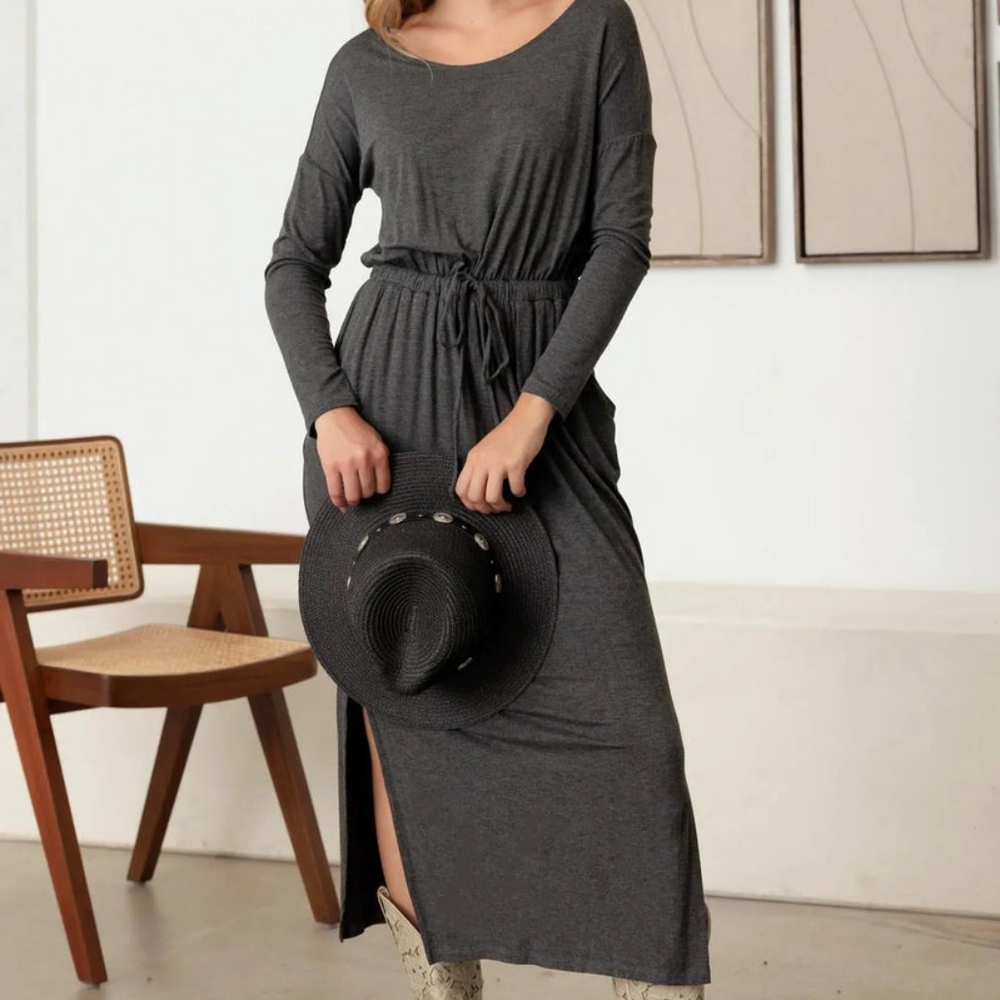 Chic Charcoal Long Sleeve Maxi Dress